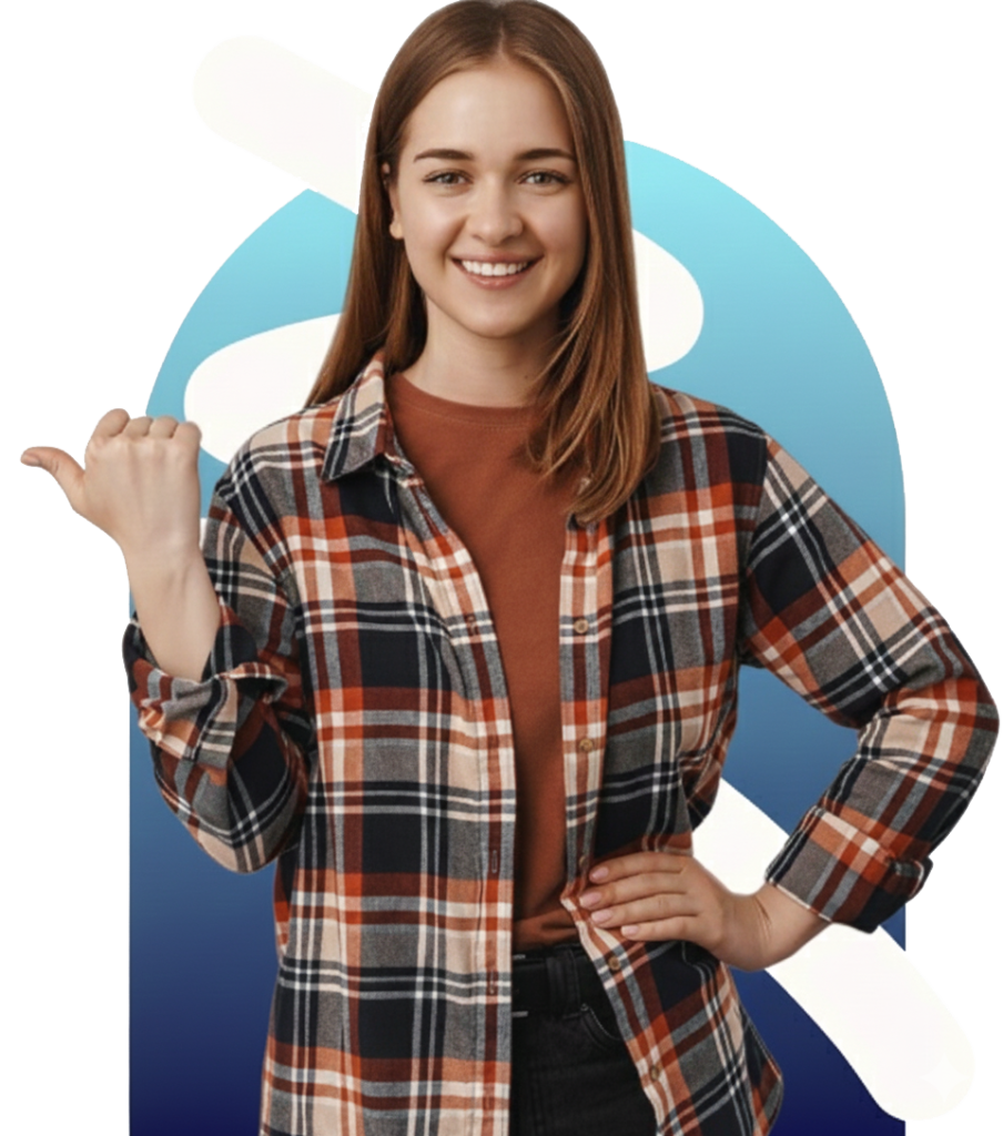 Smiling woman pointing to side