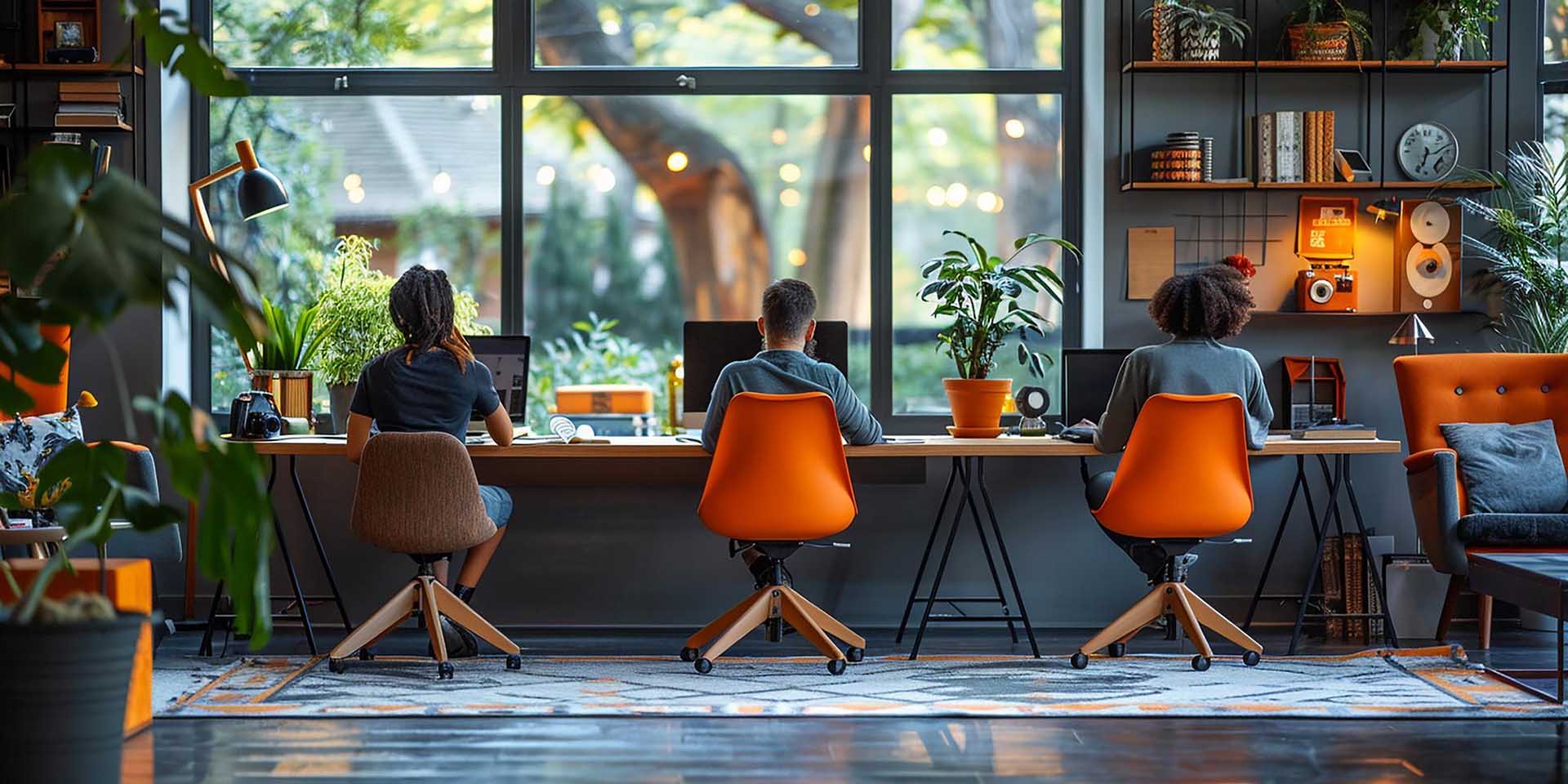 Office workspace with team reviewing reports