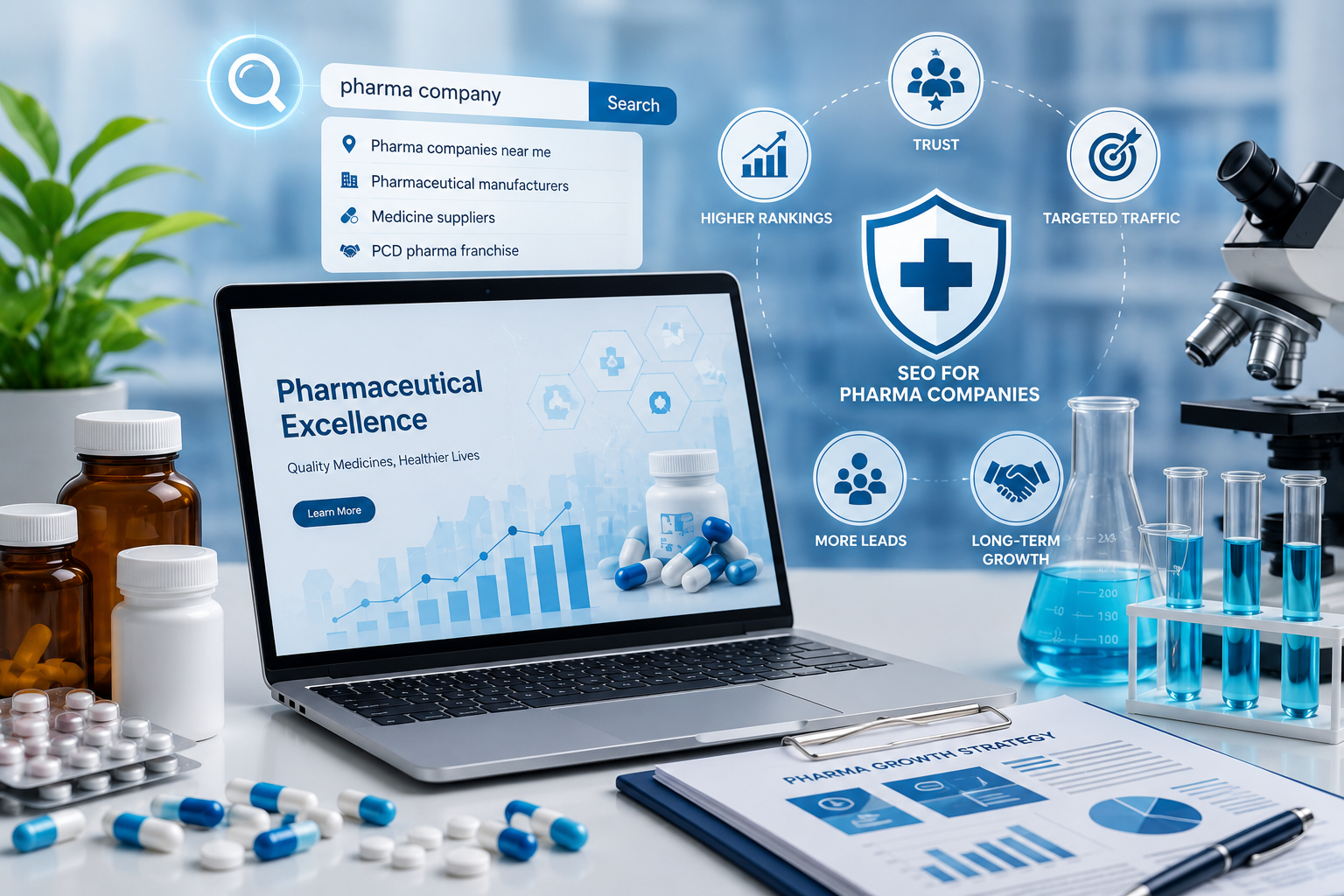 SEO for Pharma – healthcare marketing scene with medicine, charts, and tech tools