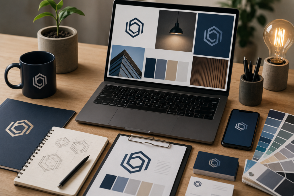 Minimalist branding workspace with geometric logo