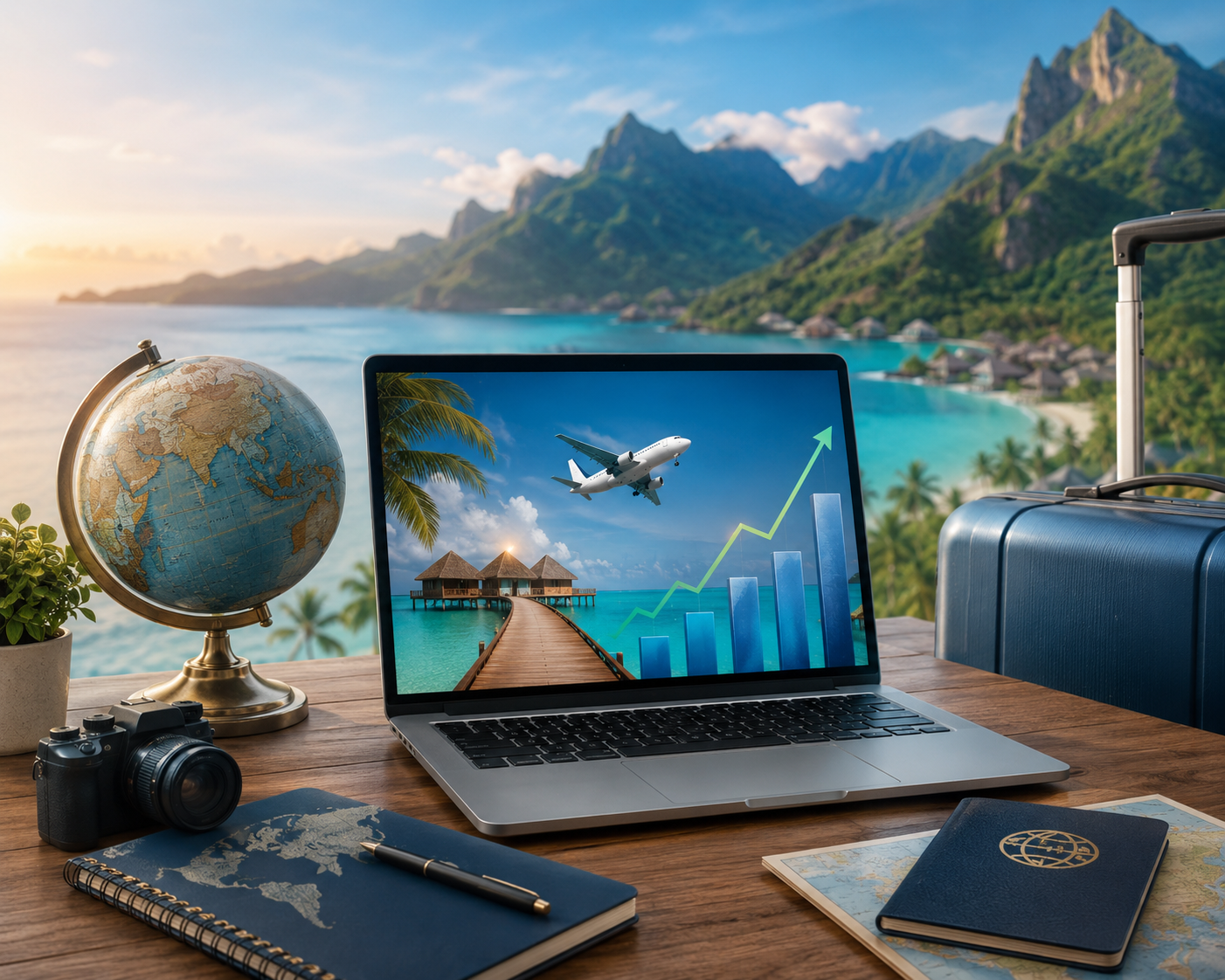 Tropical workspace with travel essentials