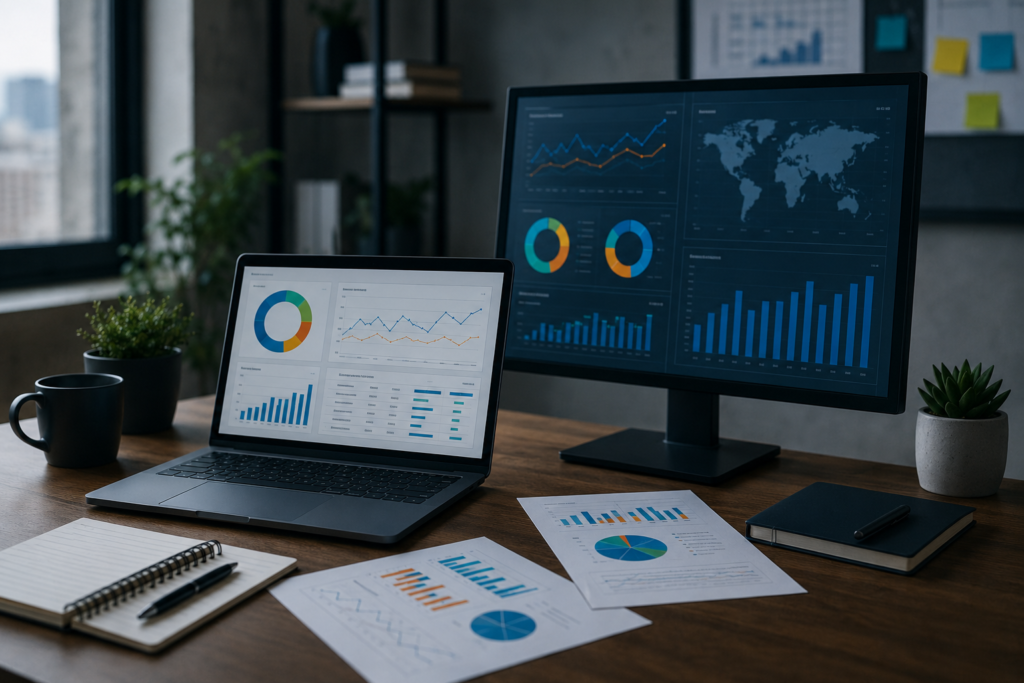 Modern workspace with data dashboards