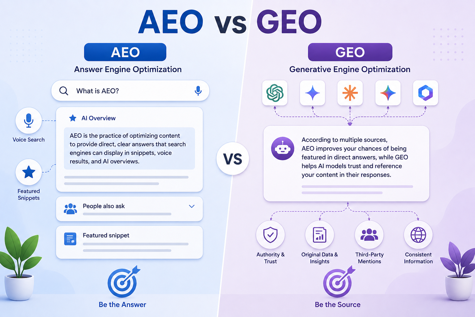 Visual comparison of AEO vs GEO in AI-powered search