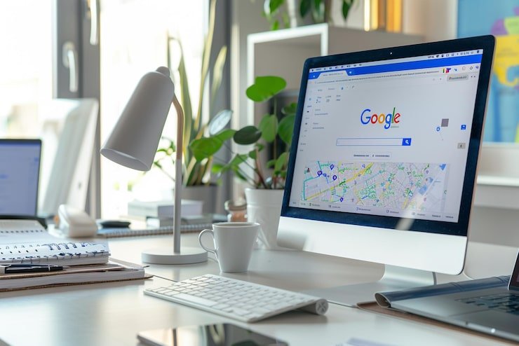 Google search and local map displayed on a desktop computer in a modern office workspace