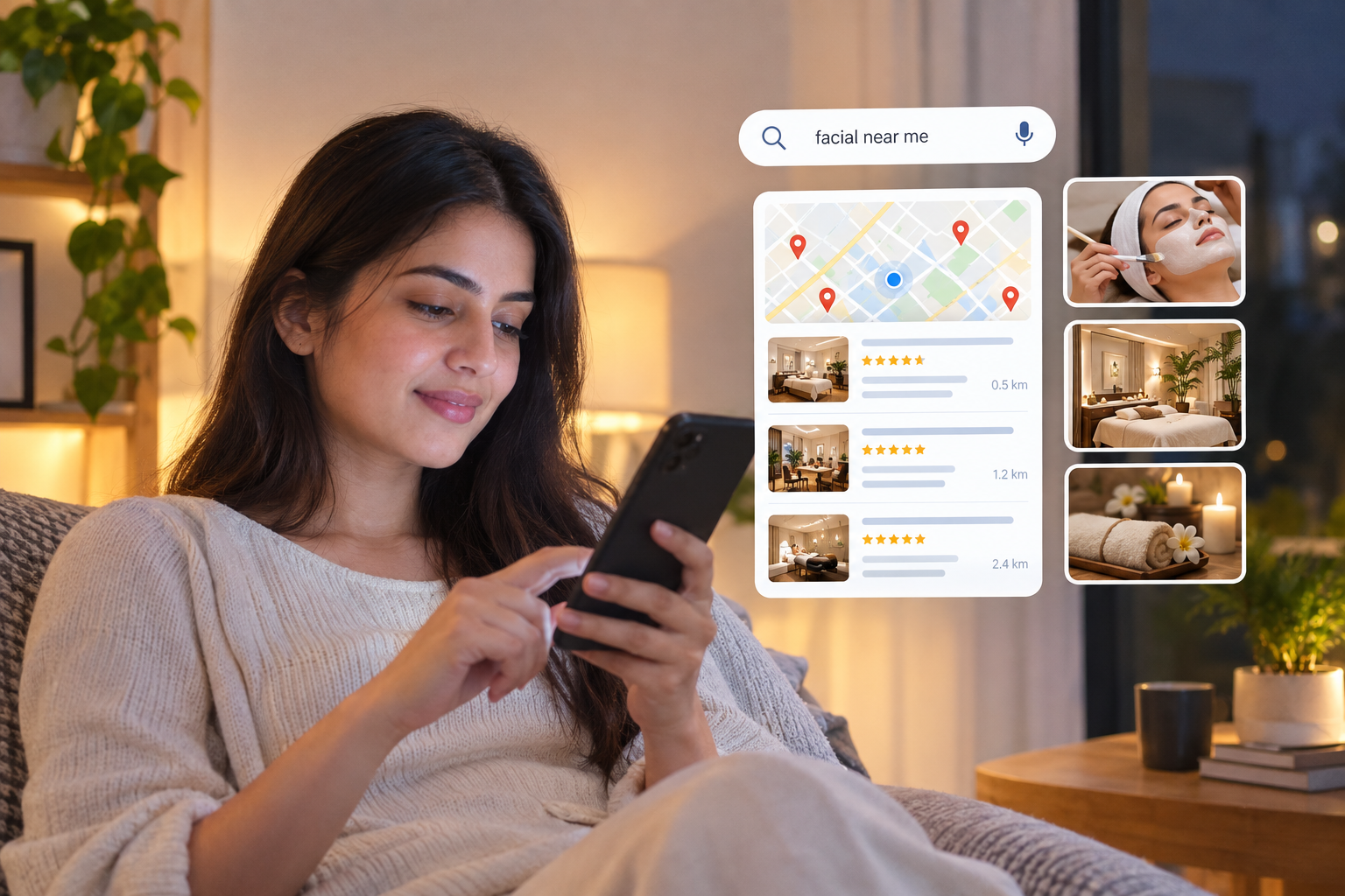 Woman searching for facial near me on smartphone for a local spa service