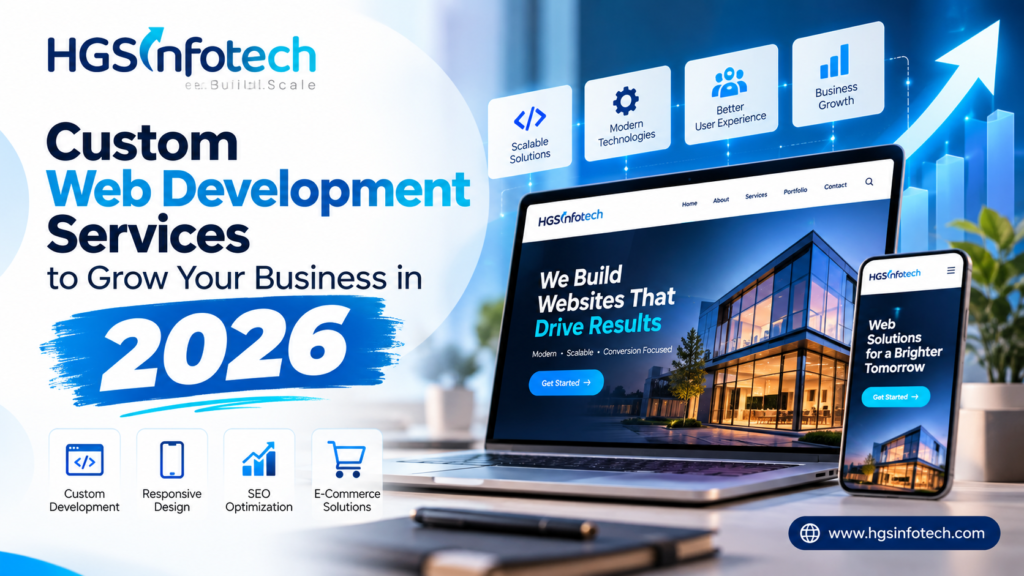 Custom web development services by HGS Infotech in 2026, featuring responsive website design, custom development, SEO optimization, and e-commerce solutions for business growth.