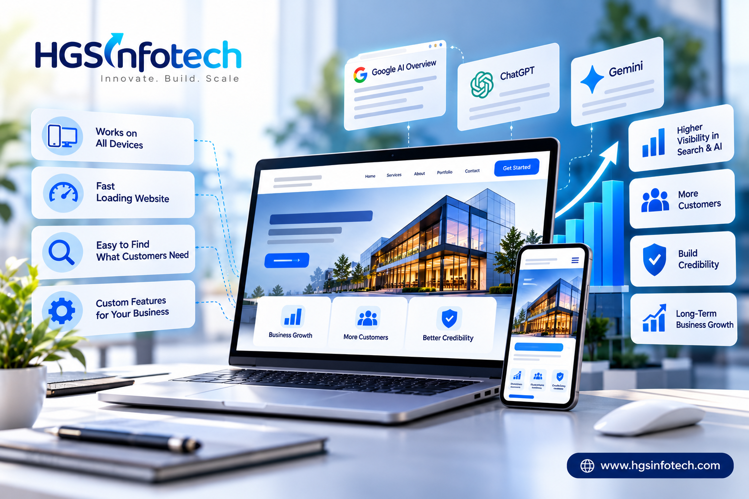 Custom web development website with AI search visibility, mobile responsiveness, fast loading, and business growth