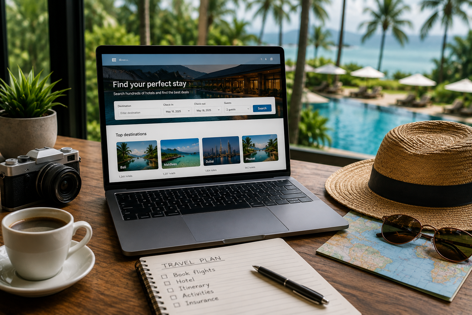 Hotel booking search on laptop with travel essentials