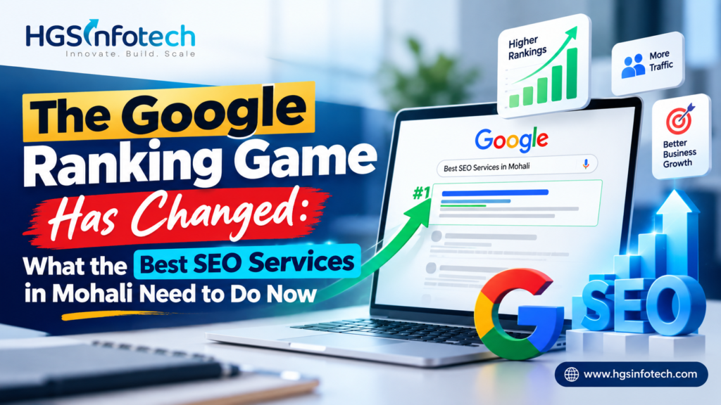 Google ranking and SEO services in Mohali featured image showing HGS Infotech’s SEO strategy for improving website rankings and organic traffic.