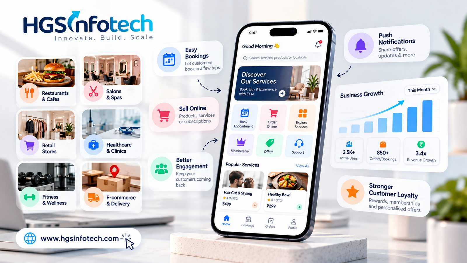 Mobile app development for restaurants, retail stores, healthcare, salons, fitness businesses, and e-commerce by HGS Infotech.