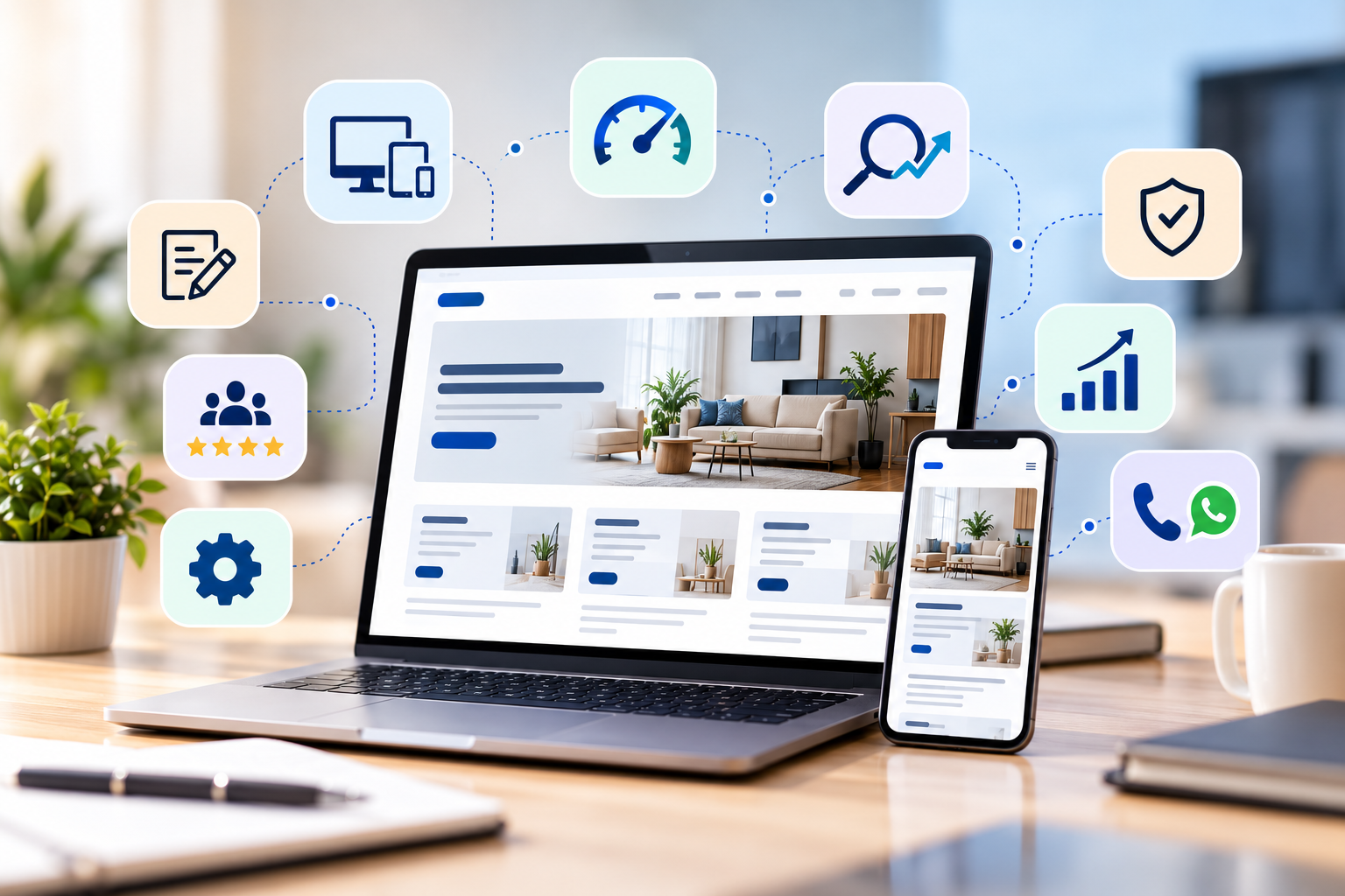 Professional website displayed on a laptop and mobile phone with responsive design, SEO, security, speed, and lead generation features.